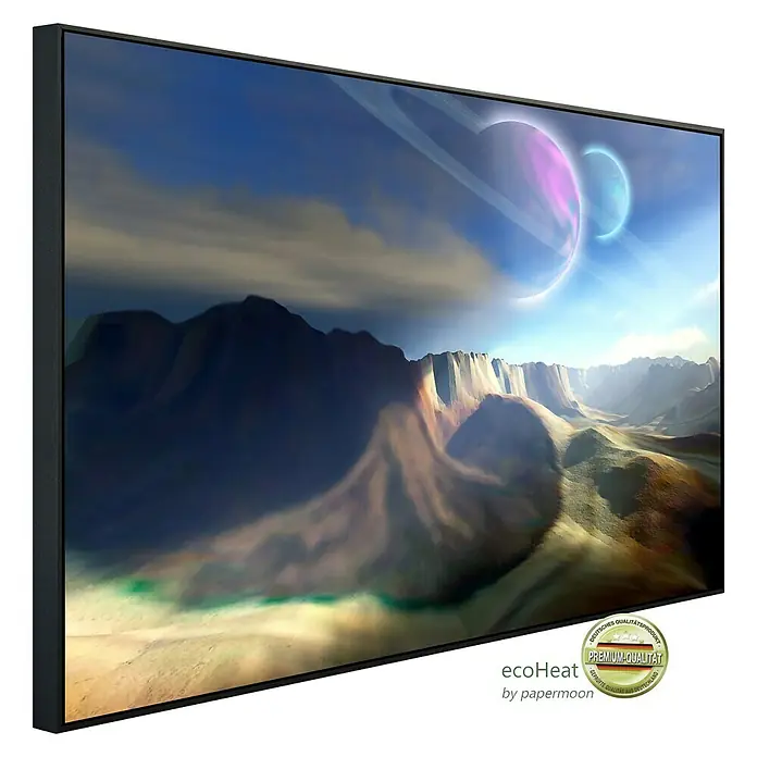 Papermoon Infrarot-Bildheizkörper Futuristische Landschaft - 120 x 60 cm, 1.200 W - Gerahmtes Wandbild mit außerirdischer Landschaft, das eine ferne Welt mit Bergen und zwei Planeten zeigt. Premium-Qualität für Ihr Zuhause.