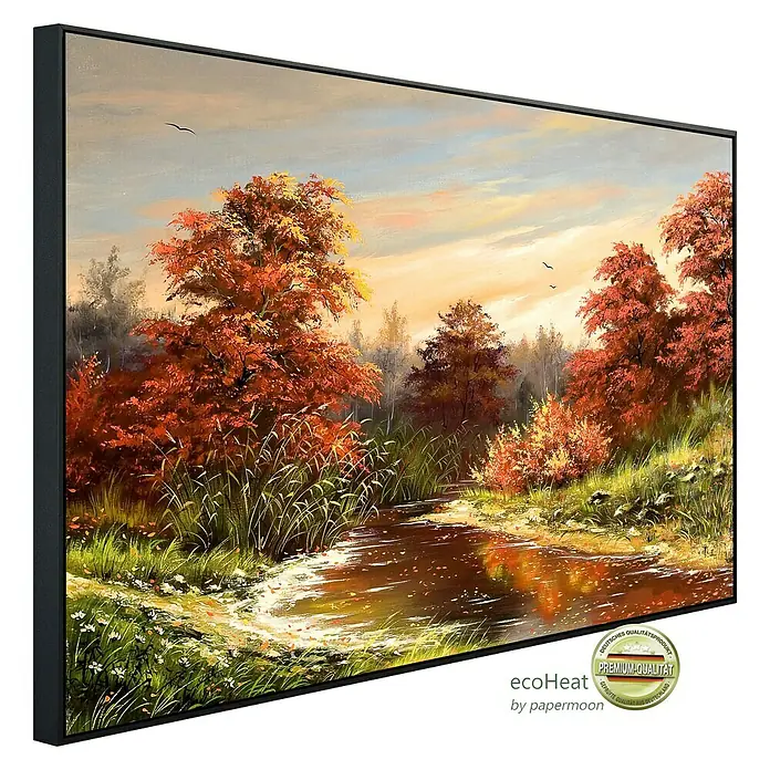Papermoon Infrarot-Bildheizkörper Herbstlandschaft 2 - 60 x 50 cm, 350 W - Ölgemälde "Herbstliche Flusslandschaft" im schwarzen Rahmen. Stimmungsvolles Gemälde, das die Schönheit des Herbstes einfängt.