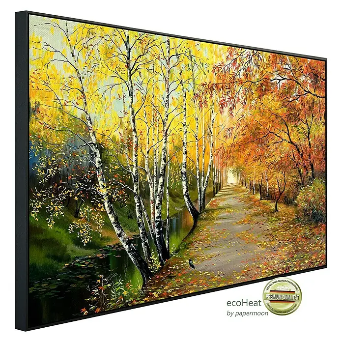 Papermoon Infrarot-Bildheizkörper Herbststraße - 60 x 50 cm, 350 W - Leinwandbild „Herbstallee“ mit bunten Blättern und Birken. Ein stimmungsvolles Kunstwerk für Ihr Zuhause, gerahmt und fertig zum Aufhängen.