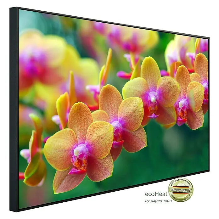 Papermoon Infrarot-Bildheizkörper Goldene Orchideen - 100 cm x 600 mm, 800 W - Nahaufnahme einer Infrarotheizung mit Blütenmotiv, die durch ihre hochwertige Verarbeitung und ihr ästhetisches Design überzeugt.