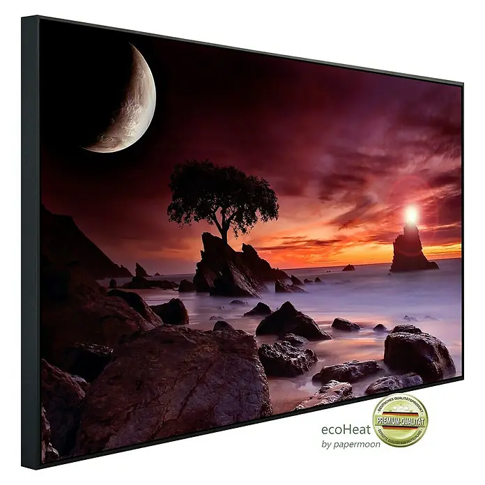 Papermoon Infrarot-Bildheizkörper Küstenmondlicht - 120 x 60 cm, 1.200 W - Hochwertiger Kunstdruck mit idyllischer Küstenszene im Rahmen. Ein dekoratives Wandbild für stilvolle Wohnräume mit Premium-Qualität.