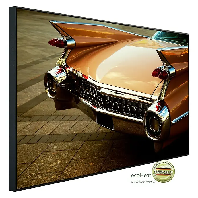 Papermoon Infrarot-Bildheizkörper Sepia Oldtimer 2 - 100 x 60 cm, 800 W - Das Bild zeigt einen Fernseher mit einem Oldtimer-Auto darauf. Der Fernseher hat einen dünnen, schwarzen Rahmen.
