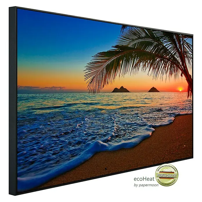 Papermoon Infrarot-Bildheizkörper Lanikai Beach Hawaii - 100 x 60 cm, 600 W - Ein gerahmtes Leinwandbild mit einem tropischen Strand und Sonnenuntergang, das eine entspannende Atmosphäre schafft.