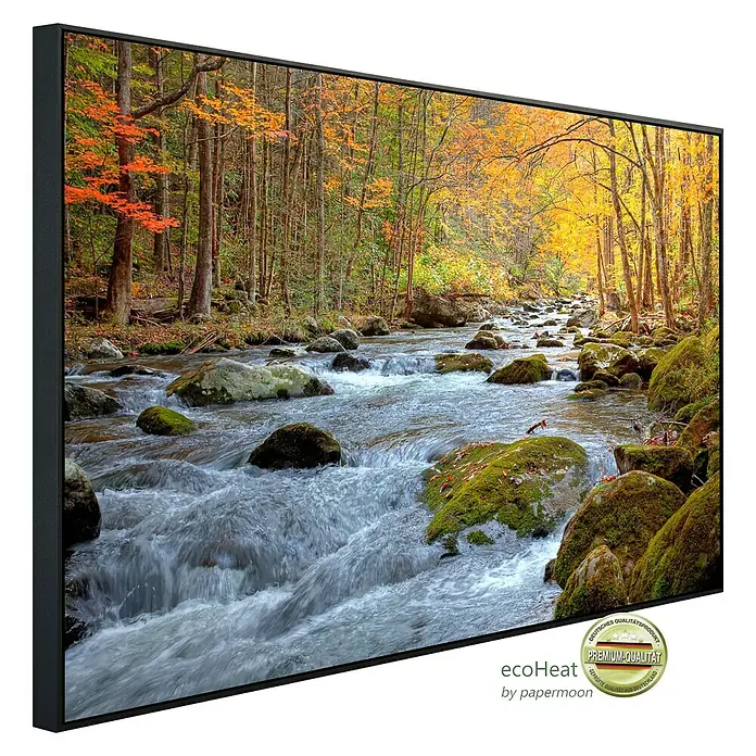 Papermoon Infrarot-Bildheizkörper Rauchiger Gebirgsbach - 120 x 60 cm, 1.000 W - Premium Wandbild mit Herbstlandschaft. Hochwertiger Druck, der die Schönheit der Natur in Ihr Zuhause bringt.