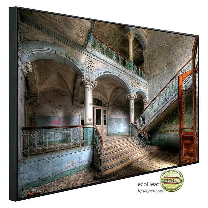 Papermoon Infrarot-Bildheizkörper Verlassenes Krankenhaus Beelitz - 60 x 50 cm, 350 W - Fotodruck im Rahmen: Verlassene Halle mit Treppe, Säulen und blauer Farbe. Ein hochwertiges Deko-Element für ein einzigartiges Ambiente.