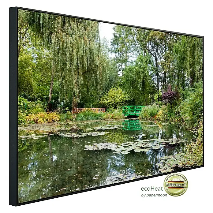 Papermoon Infrarot-Bildheizkörper Monets Garten 1 - 900 x 500 mm, 450 W - Gerahmtes Wandbild mit ruhiger Seelandschaft. Hochwertiger Druck mit Rahmen für eine stilvolle Dekoration Ihres Zuhauses.