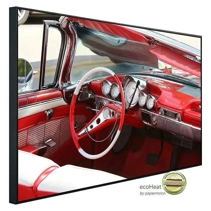 Papermoon Infrarot-Bildheizkörper Cabrio Autoinnenraum - 120 x 60 cm, 1.200 W - Nahaufnahme des roten Innenraums eines Oldtimers in einem schwarzen Rahmen.