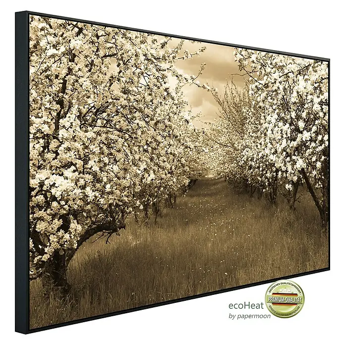 Papermoon Infrarot-Bildheizkörper Sepia Frühlingsobstgarten - 60 x 50 cm, 350 W - Ein gerahmtes Kunstwerk, das einen blühenden Obstgarten in Sepiatönen zeigt, schafft eine nostalgische und elegante Atmosphäre.