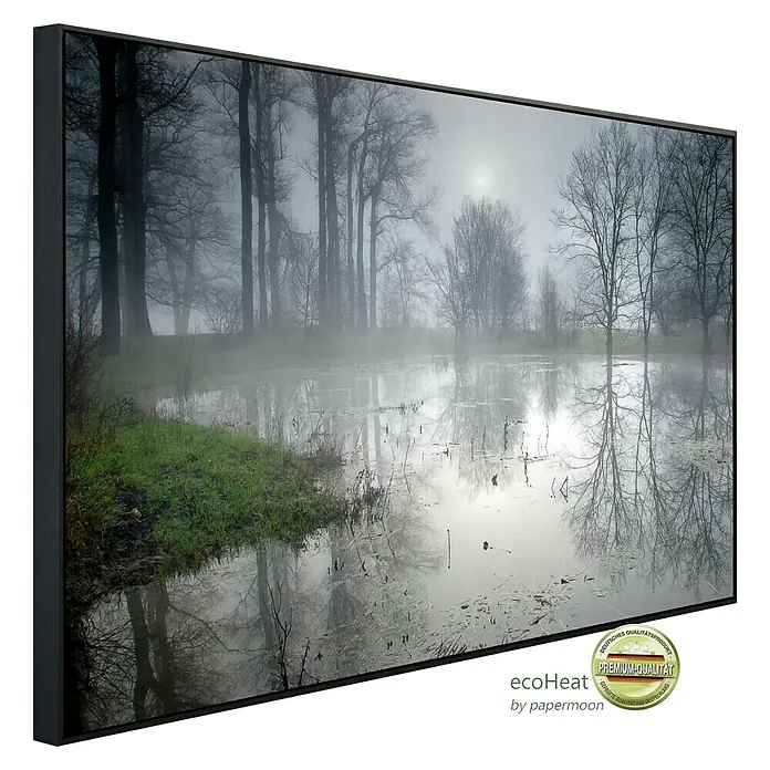 Papermoon Infrarot-Bildheizkörper Geheimnisvoller Wald - 60 x 50 cm, 350 W - Gerahmtes Naturfoto mit Bäumen und Gewässer im Nebel, hochwertige Ausführung.