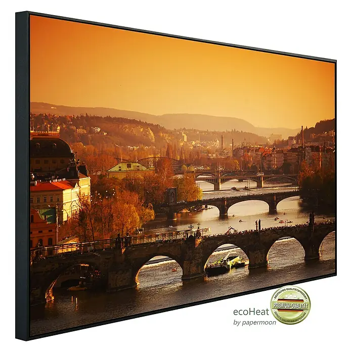 Papermoon Infrarot-Bildheizkörper Prager Sonnenaufgang - 100 x 60 cm, 800 W - Gerahmtes Wandbild mit einer atemberaubenden Ansicht der Karlsbrücke in Prag bei Sonnenaufgang. Hochwertiger Druck auf Leinwand.