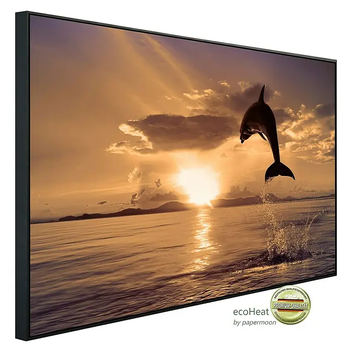 Papermoon Infrarot-Bildheizkörper Springender Delfin - 90 x 50 cm, 450 W - Gerahmtes Leinwandbild mit einem Delphin, der bei Sonnenuntergang aus dem Wasser springt, ein dekoratives Wandbild.
