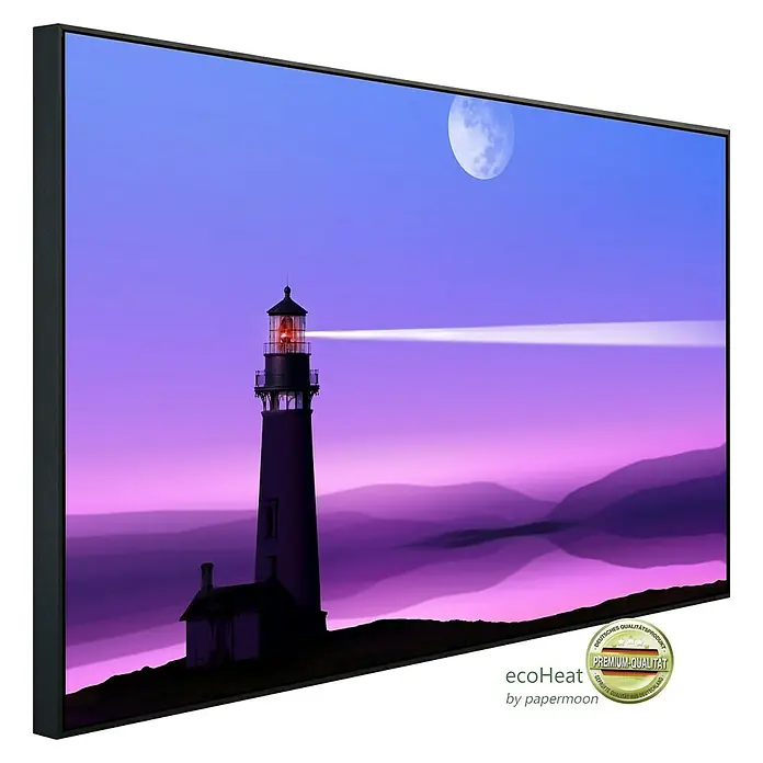 Papermoon Infrarot-Bildheizkörper Romantischer Leuchtturm - 60 x 50 cm, 350 W - Das Bild zeigt ein stilvolles Heizpaneel mit einem Leuchtturm-Motiv, das eine beruhigende Atmosphäre in jeden Raum bringt.