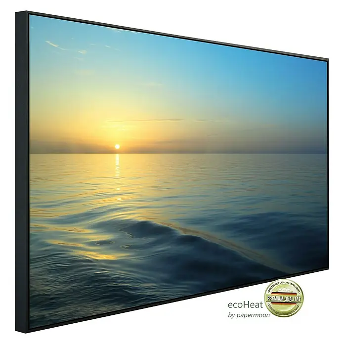 Papermoon Infrarot-Bildheizkörper Sonnenaufgang vom Bootsdeck - 120 x 60 cm, 1.200 W - Ein gerahmtes Wandbild mit einem Sonnenuntergang über dem Meer, das eine ruhige und entspannende Atmosphäre schafft.
