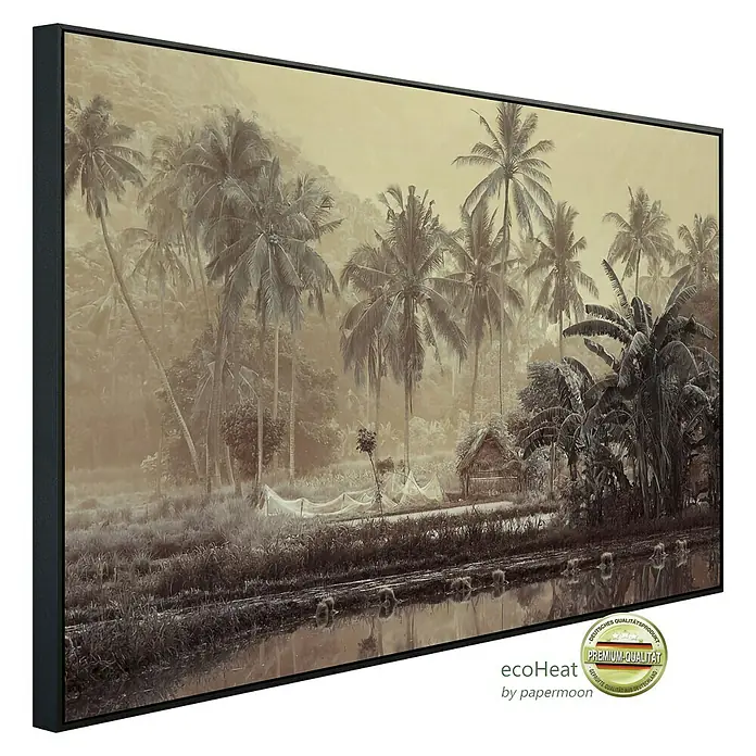 Papermoon Infrarot-Bildheizkörper Sepia Tropenwald - 120 x 60 cm, 1.000 W - Ein gerahmtes Wandbild mit einem idyllischen Landschaftsmotiv. Hochwertiger Kunstdruck für eine stilvolle Wanddekoration im Wohnbereich.