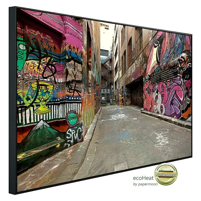 Papermoon Infrarot-Bildheizkörper Graffiti 1 - 100 x 60 cm, 600 W - Gerahmtes Wandbild mit Graffiti-Kunst, das einen urbanen Charme versprüht. Hochwertiger Druck für lebendige und moderne Akzente im Raum.