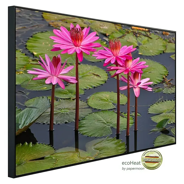 Papermoon Infrarot-Bildheizkörper Rosa Lotus - 90 cm x 500 mm, 450 W - Wandbild mit Seerosenblüten in einem dunklen Teich, gerahmt in Schwarz. Premium-Qualität für Ihr Zuhause.
