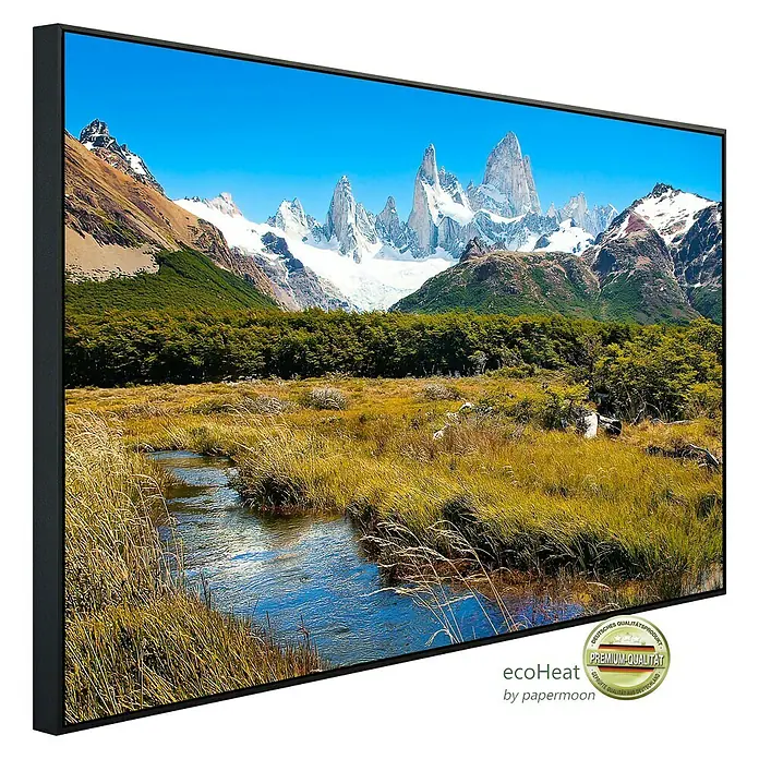 Papermoon Infrarot-Bildheizkörper Berge in Patagonien - 100 cm x 600 mm, 800 W - Hochwertiges Wandbild mit Berglandschaft im schwarzen Rahmen. Premium-Qualität für Ihr Zuhause.