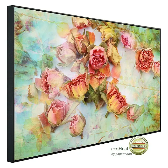 Papermoon Infrarot-Bildheizkörper Vintage Rosen 2 - 120 x 60 cm, 1.200 W - Wandbild mit zarten Rosenblüten in sanften Farben, ein elegantes Dekorationsstück für stilvolle Wohnräume.
