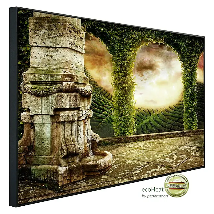 Papermoon Infrarot-Bildheizkörper Mystische Landschaftsansicht - 100 x 60 cm, 800 W - Wandbild mit einem malerischen Gartenbrunnen und einem Blick auf eine grüne Landschaft. Perfekt für eine beruhigende Atmosphäre in jedem Raum.