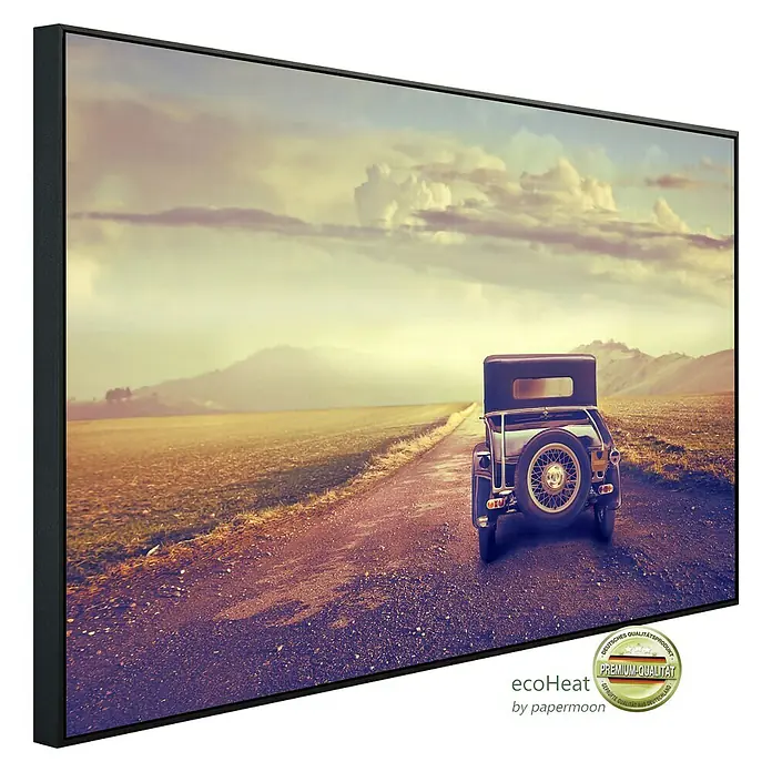 Papermoon Infrarot-Bildheizkörper Oldtimer in der Wüste - 120 x 60 cm, 1.200 W - Gerahmtes Bild eines Oldtimers auf einer Landstraße, das einen Hauch von Nostalgie und Abenteuer vermittelt.