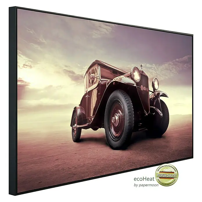 Papermoon Infrarot-Bildheizkörper Posing Oldtimer - 90 x 50 cm, 450 W - Das Leinwandbild mit einem Oldtimer verleiht jedem Raum einen Hauch von Nostalgie und Eleganz.