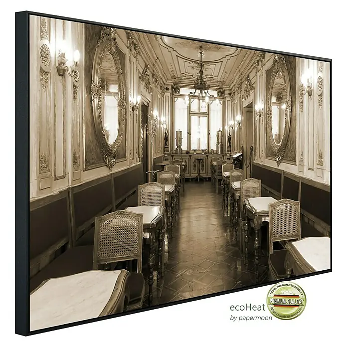Papermoon Infrarot-Bildheizkörper Vintage Café Interieur - 100 x 60 cm, 600 W - Stilvolles Infrarot-Heizpaneel mit Sepia-Motiv eines eleganten Cafés, ideal für behagliche Wärme und klassische Ästhetik in jedem Raum.