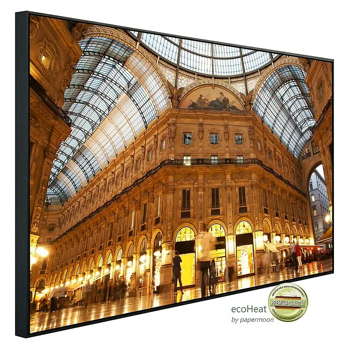 Papermoon Infrarot-Bildheizkörper Galerie Interieur Mailand - 90 x 50 cm, 450 W - Das gerahmte Bild zeigt die Galleria Vittorio Emanuele II in Mailand. Ein beeindruckendes Kunstwerk für Ihr Zuhause.