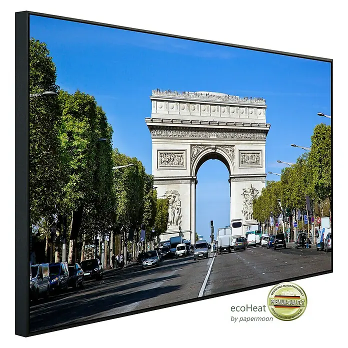 Papermoon Infrarot-Bildheizkörper Arc de Trio100 x 60 cm, 600 W - Schwarzer gerahmter Druck mit dem Arc de Triomphe in Paris, der auf einer Straße mit Bäumen und Autos steht.