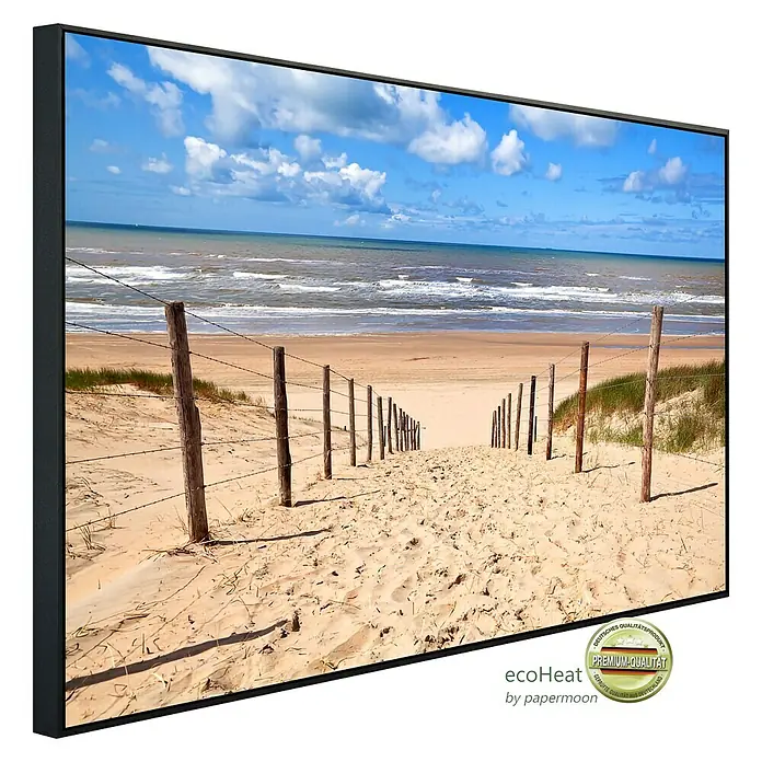 Papermoon Infrarot-Bildheizkörper Weg zum Sandstrand120 x 60 cm, 750 W - Hochwertiges Leinwandbild mit Strandmotiv, das einen ruhigen Weg zum Meer mit Holzzäunen und blauem Himmel zeigt.