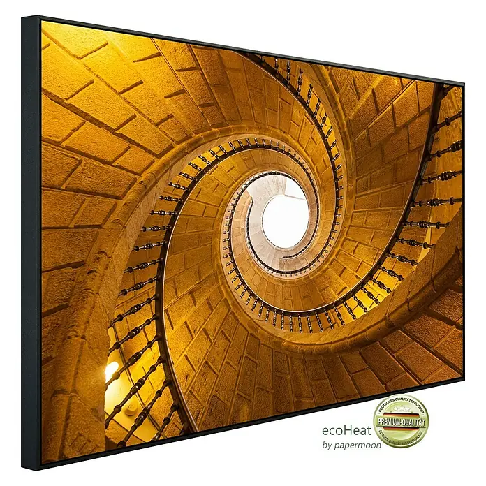 Papermoon Infrarot-Bildheizkörper Dreifache Wendeltreppe - 60 x 50 cm, 350 W - Ein gerahmtes Wandbild mit einer Wendeltreppe, die sich spiralförmig nach oben windet, umgeben von warmen Gelbtönen.