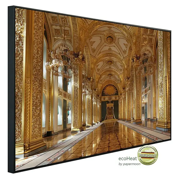 Papermoon Infrarot-Bildheizkörper Grosser Kremlpalast - 90 cm x 500 mm, 450 W - Das gerahmte Bild zeigt einen prunkvollen goldenen Saal mit glänzenden Böden und opulenten Details, ein luxuriöses Kunstwerk.