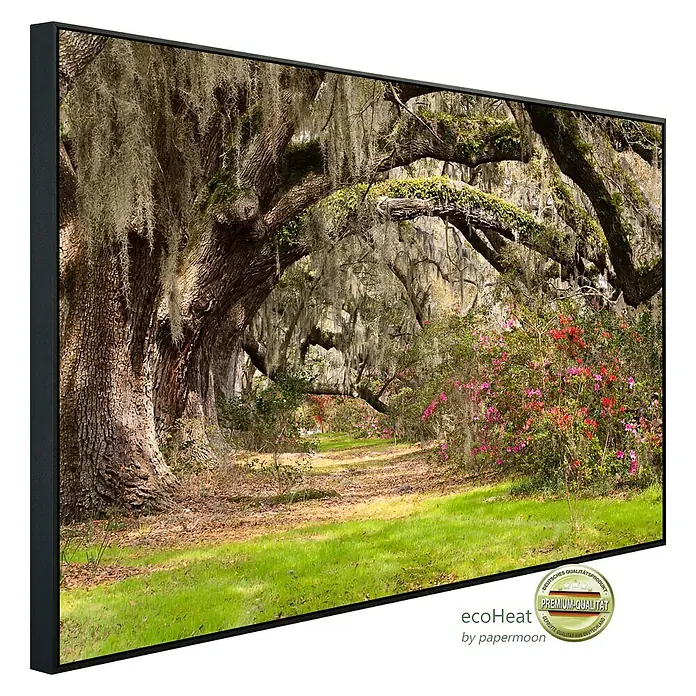 Papermoon Infrarot-Bildheizkörper Live Oak Tunnel - 60 cm x 500 mm, 350 W - Hochwertiges gerahmtes Bild einer von Bäumen gesäumten Allee mit spanischem Moos und blühenden Büschen. Ein idyllisches Naturmotiv für Ihr Zuhause.