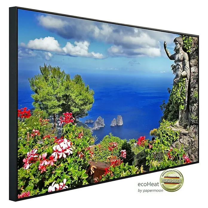 Papermoon Infrarot-Bildheizkörper Capri Island View - 90 cm x 500 mm, 450 W - Ein gerahmtes Leinwandbild mit einer malerischen Aussicht auf Capri, Italien, mit üppiger Vegetation und einem antiken Denkmal.