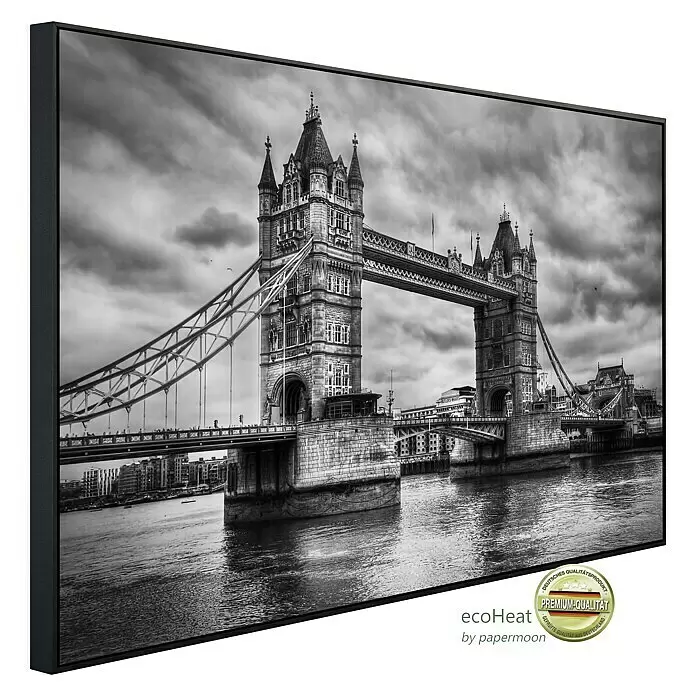 Papermoon Infrarot-Bildheizkörper Retro Tower Bridge - 120 x 60 cm, 1.200 W - Schwarz gerahmter Druck der Londoner Tower Bridge in Schwarz-Weiß.