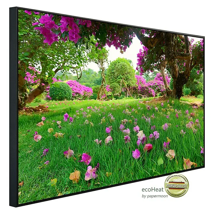 Papermoon Infrarot-Bildheizkörper Rasenblumen - 90 x 50 cm, 450 W - Wandbild mit üppiger Blumenwiese und Bäumen in sattem Grün, gerahmt in edlem Schwarz. Ein Blickfang für jedes Zimmer.