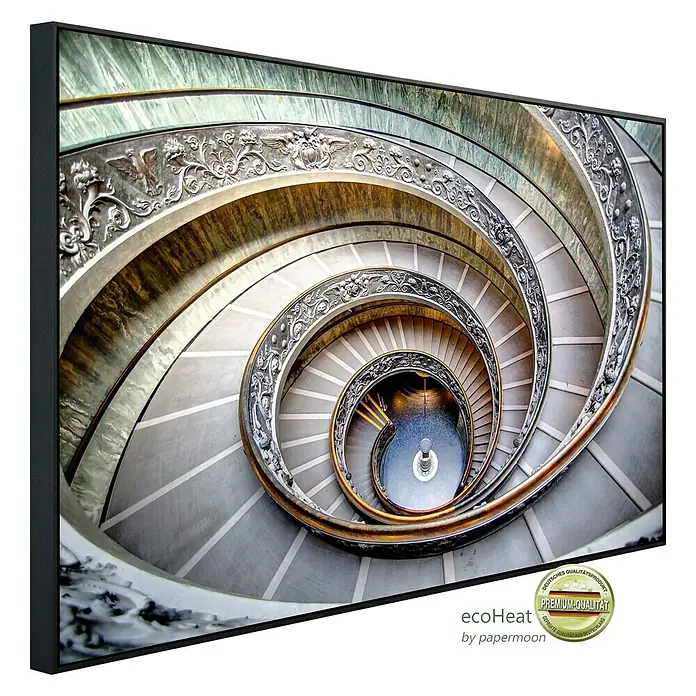 Papermoon Infrarot-Bildheizkörper Wendeltreppe im Vatikan - 120 x 60 cm, 1.200 W - Das gerahmte Spiralwandbild zeigt die atemberaubende Wendeltreppe des Vatikans und verleiht jedem Raum einen eleganten Touch.