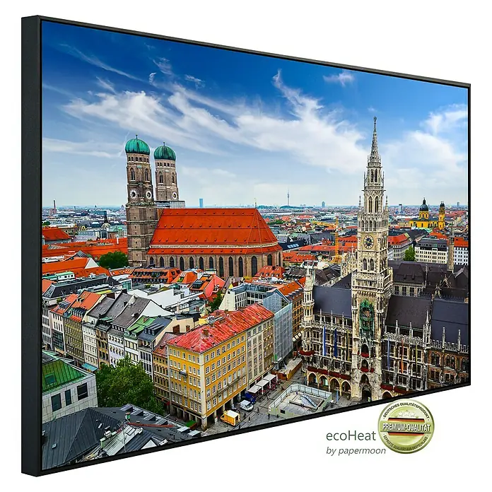 Papermoon Infrarot-Bildheizkörper Münchner Skyline - 60 x 50 cm, 350 W - Hochwertiges Wandbild mit Skyline-Motiv von München. Premium-Qualität für stilvolle Raumgestaltung.