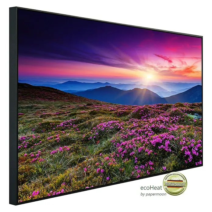 Papermoon Infrarot-Bildheizkörper Sommerberge 2 - 100 x 60 cm, 800 W - Wandbild mit Rahmen: Atemberaubende Landschaft mit blühenden Blumen und Sonnenaufgang, ein Premium-Qualitätsprodukt für Ihr Zuhause.
