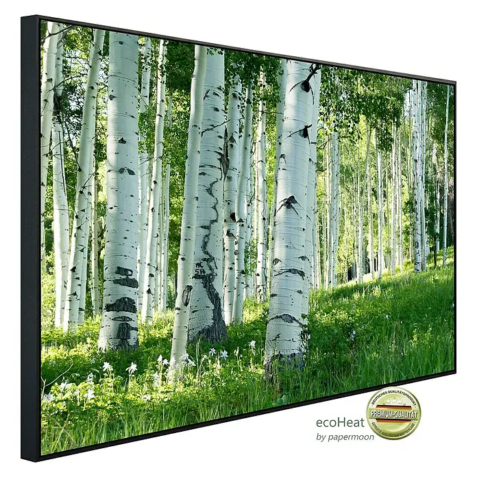 Papermoon Infrarot-Bildheizkörper Birkenwald 4 - 60 x 50 cm, 350 W - Dekoratives Wandbild mit Birkenwaldmotiv im schlichten, schwarzen Rahmen. Hochwertiger Kunstdruck für stilvolle Raumgestaltung.