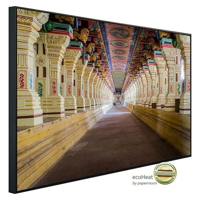 Papermoon Infrarot-Bildheizkörper Ramanathaswamy Tempel - 100 x 60 cm, 800 W - Gerahmtes Bild: Farbenfroher Tempelgang mit Säulen. Ein Premium-Qualitätsprodukt für stilvolle Wanddekoration.