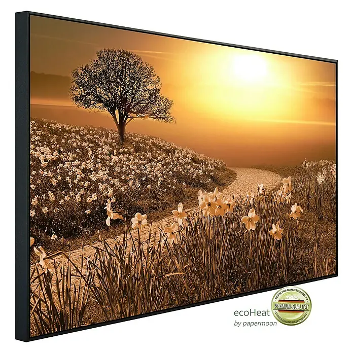 Papermoon Infrarot-Bildheizkörper Magische Landschaft - 100 x 60 cm, 600 W - Ein gerahmtes Landschaftsgemälde, das eine ruhige Szene mit Bäumen, Blumen und einem Pfad im warmen Licht der Sonne zeigt.