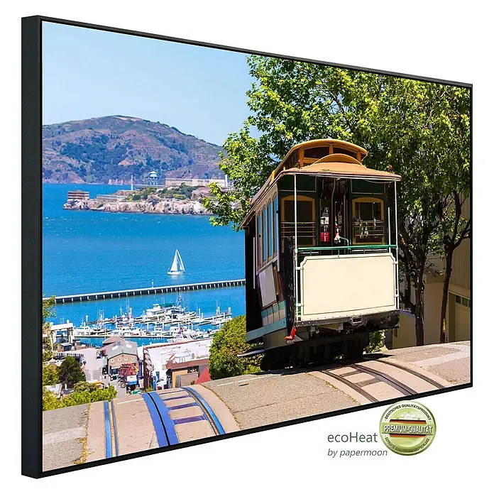 Papermoon Infrarot-Bildheizkörper Seilbahn San Francisco - 100 x 60 cm, 600 W - Ein gerahmtes Bild einer Cable Car in San Francisco mit Blick auf die Bucht. Hochwertiger Kunstdruck für Ihr Zuhause.