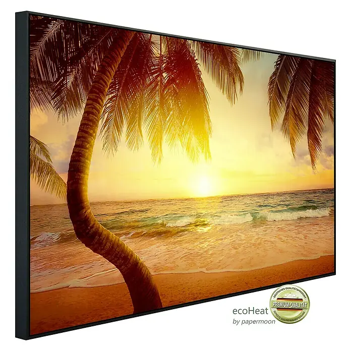 Papermoon Infrarot-Bildheizkörper Tropischer Strand Sonnenaufgang - 90 x 50 cm, 450 W - Ein gerahmtes Leinwandbild mit einem tropischen Strand bei Sonnenuntergang, das eine entspannende und exotische Atmosphäre schafft.