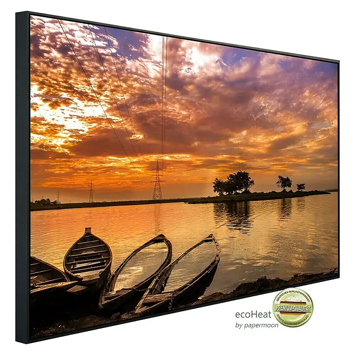 Papermoon Infrarot-Bildheizkörper Sonnenuntergang in Indien - 100 x 60 cm, 600 W - Gerahmtes Wandbild mit friedlicher See und Booten im Sonnenuntergang, ein dekoratives und hochwertiges Interieur-Element.