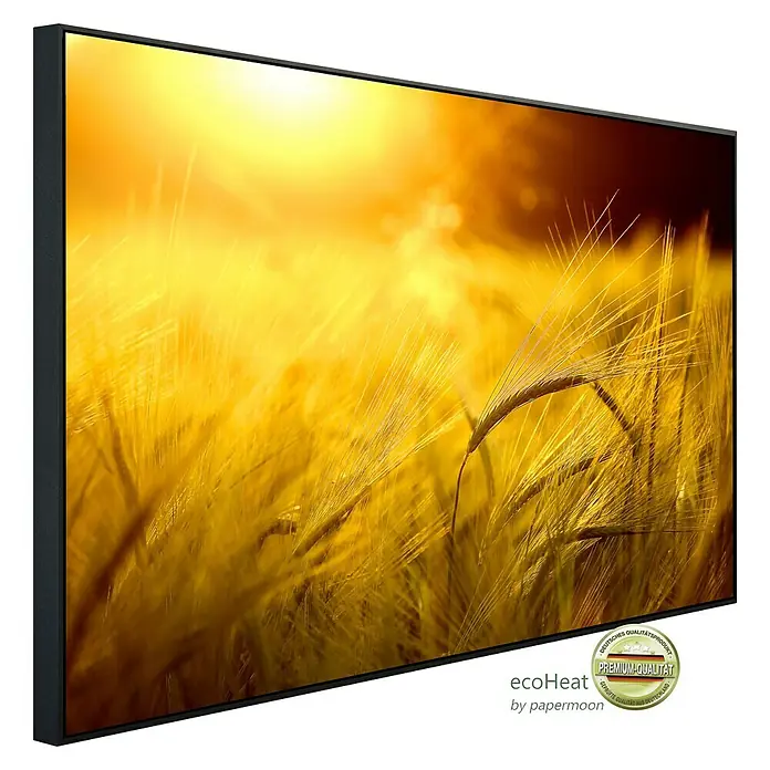 Papermoon Infrarot-Bildheizkörper Goldener Schein - 120 x 60 cm, 1.000 W - EcoHeat Infrarotheizung mit Getreidefeld Motiv. Die Heizung bietet effiziente Wärme und ein naturnahes Design für Ihr Zuhause.