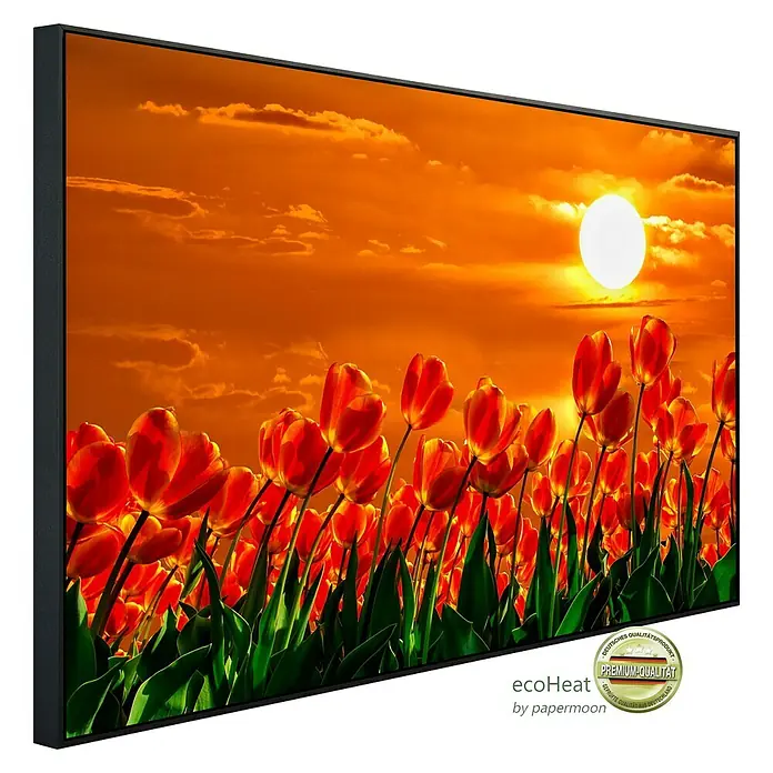 Papermoon Infrarot-Bildheizkörper Rote Tulpen - 60 x 50 cm, 350 W - Ein gerahmtes Bild mit einem Sonnenuntergang über einem Tulpenfeld. Premium-Qualität für Ihr Zuhause, ein echter Hingucker.