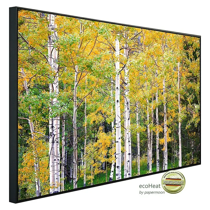 Papermoon Infrarot-Bildheizkörper Herbst Birkenwald 2 - 100 x 60 cm, 600 W - Wandbild mit Birkenwald im Herbst, gerahmt und in Premium-Qualität, für eine natürliche Wanddekoration.