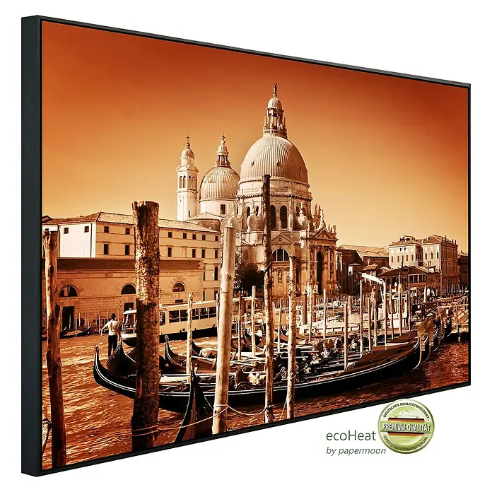 Papermoon Infrarot-Bildheizkörper Retro Venedig - 90 x 50 cm, 450 W - Gerahmtes Wandbild Venedig-Motiv in Sepiatönen. Das Bild zeigt Gondeln und die ikonische Architektur Venedigs, ideal für stilvolle Wandgestaltung.