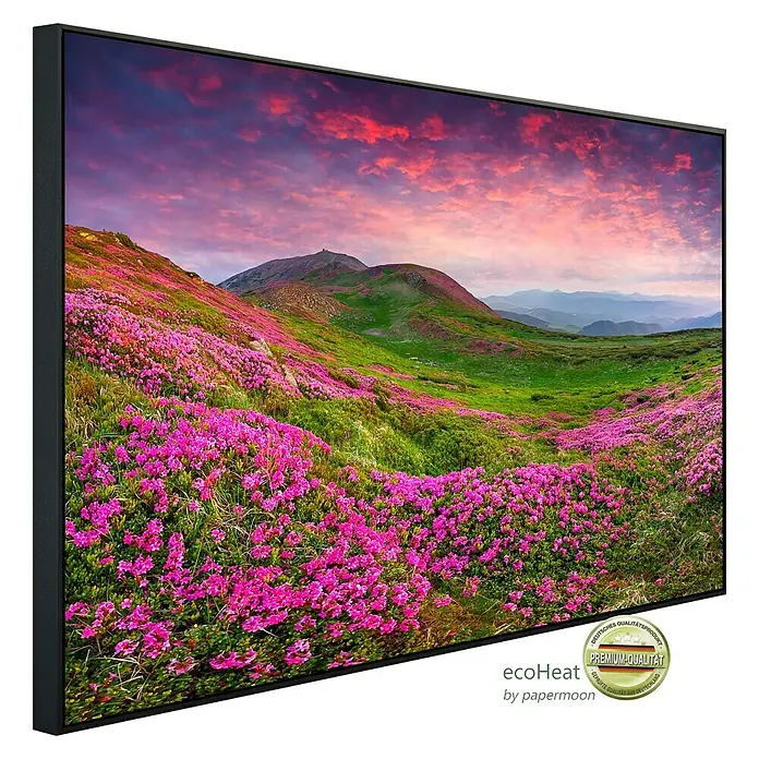 Papermoon Infrarot-Bildheizkörper Rhododendron Blumen - 90 cm x 500 mm, 450 W - Gerahmtes Landschaftsbild mit blühenden Hügeln und dramatischem Himmel. Premium-Qualität für Ihr Zuhause.