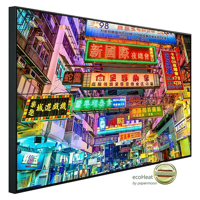 Papermoon Infrarot-Bildheizkörper Hong Kong Alleyway - 60 x 50 cm, 350 W - Die moderne LED-Leinwand zeigt ein farbenfrohes Stadtbild. Perfekt, um jedem Raum einen Hauch von urbanem Flair zu verleihen.